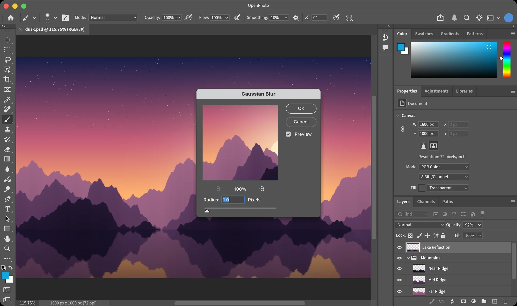 The Gaussian Blur dialog with its live preview in OpenPhoto