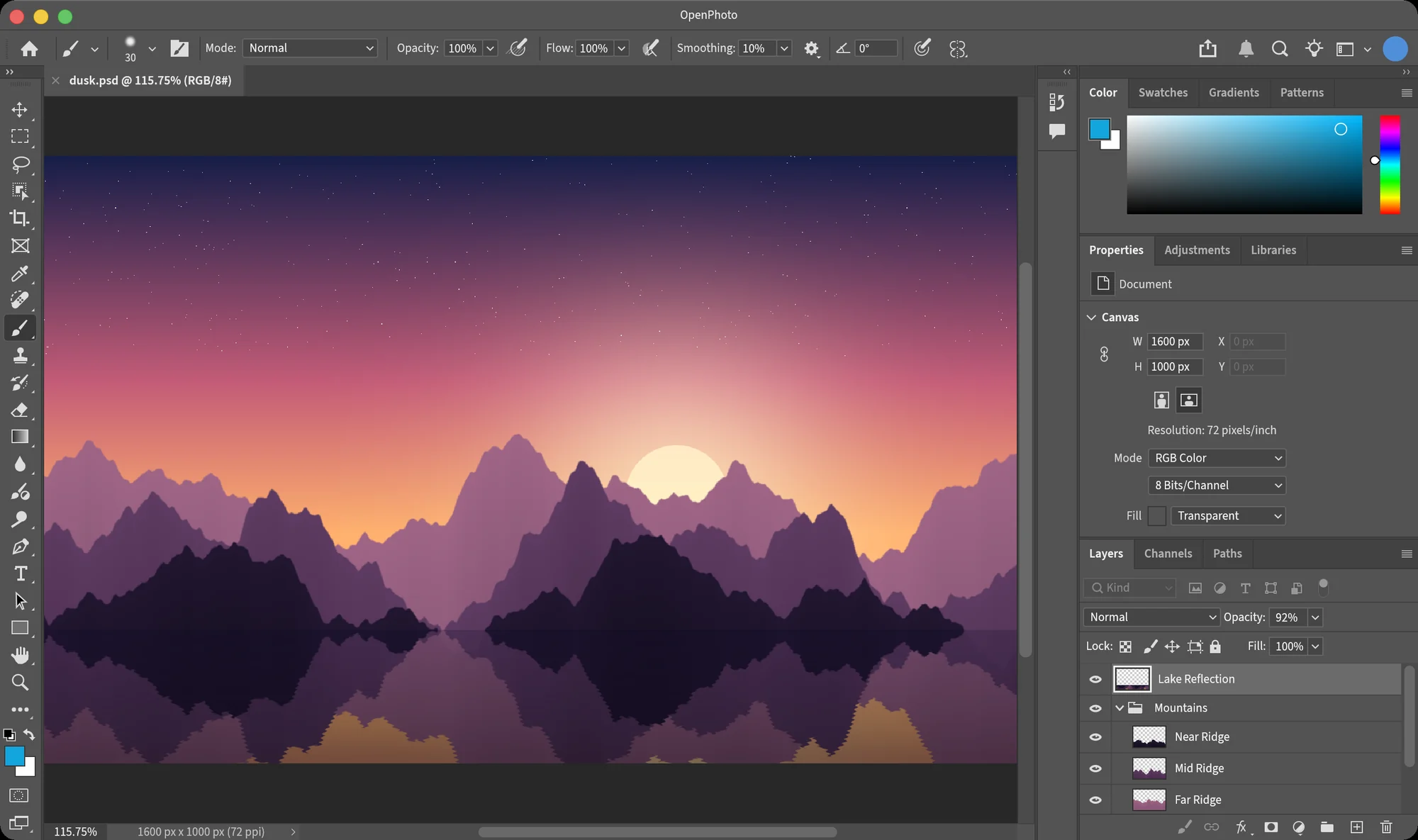OpenPhoto editing a layered Photoshop document, with the toolbar, options bar, Layers and Properties panels
