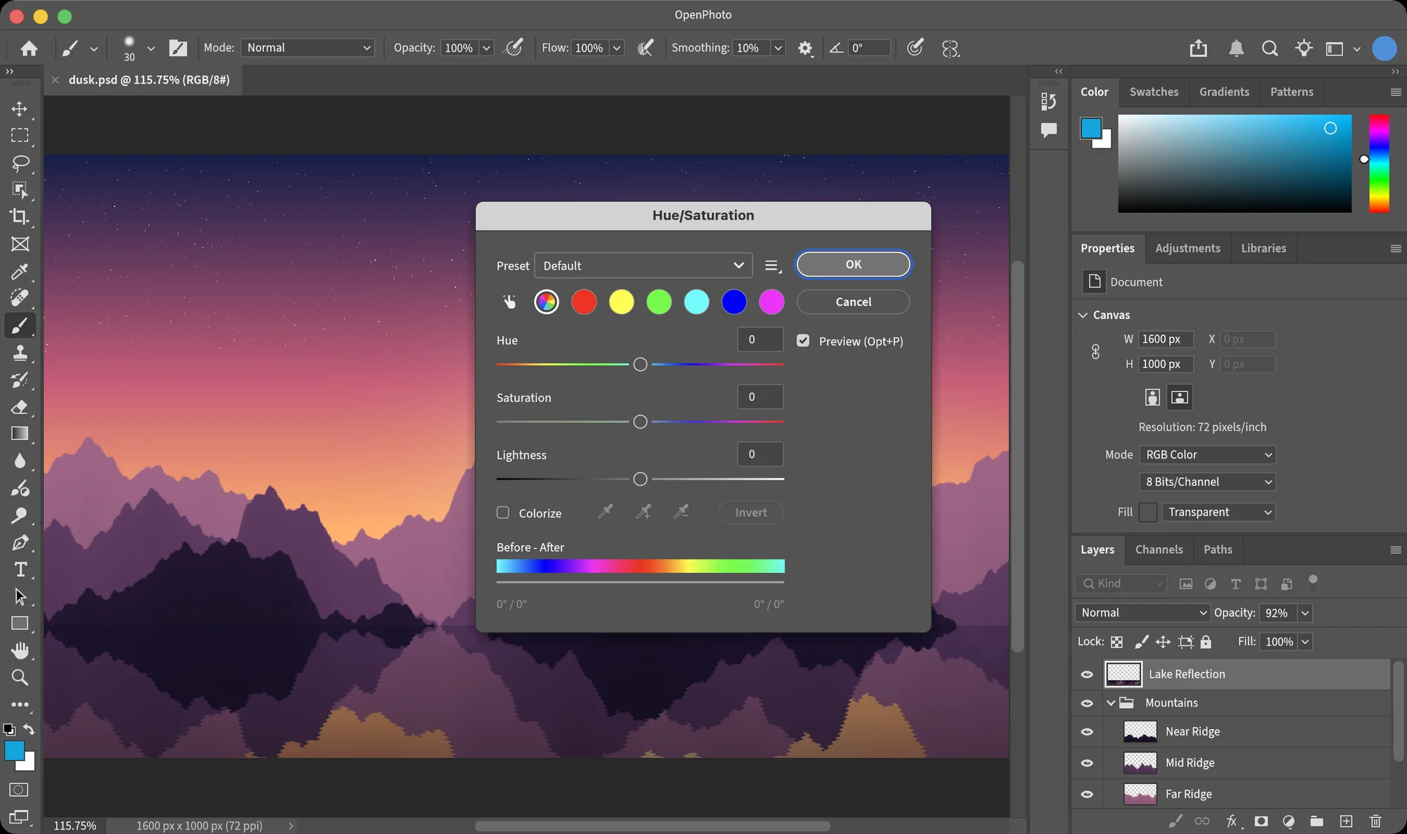 The Hue/Saturation dialog in OpenPhoto