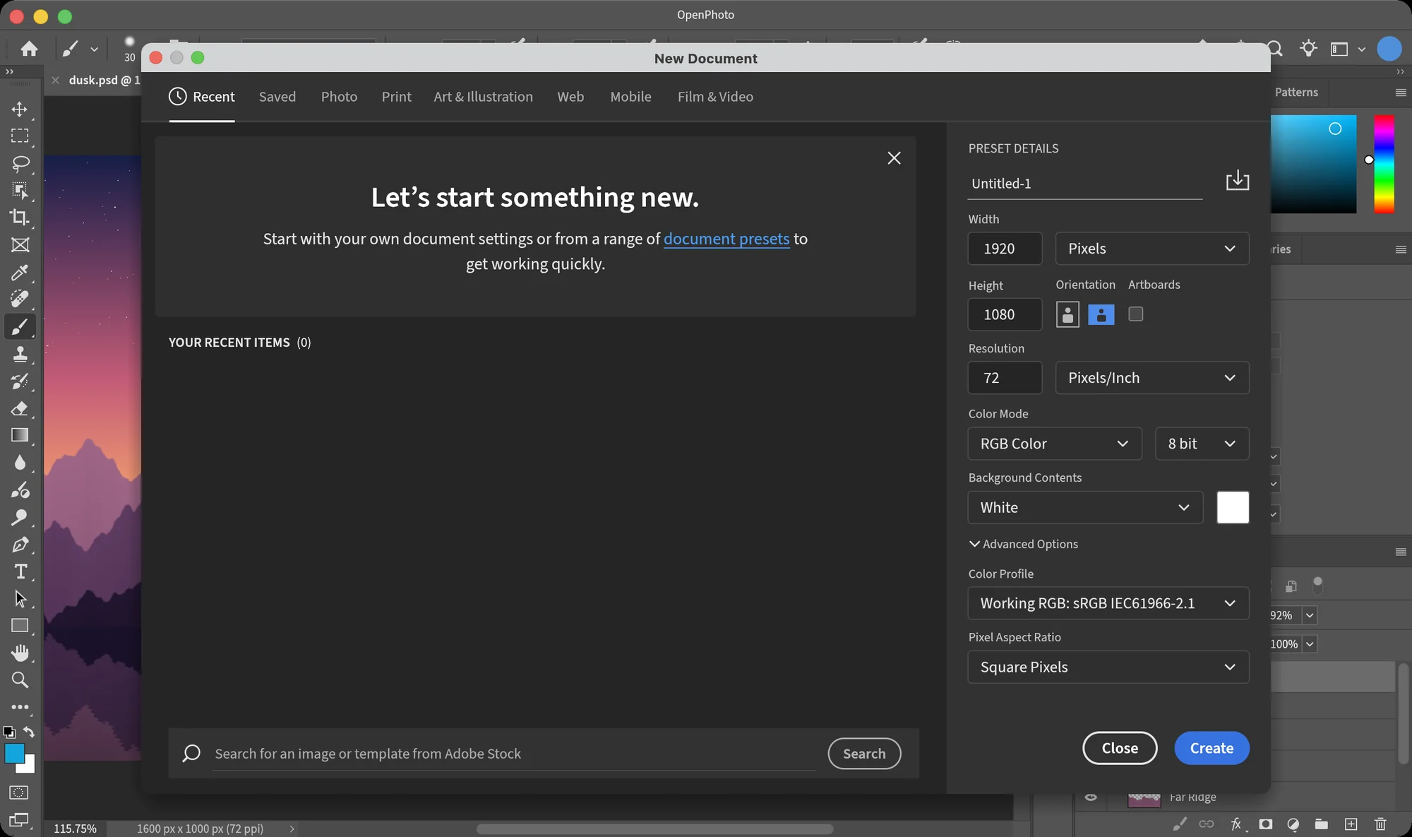 Photoshop 2026's New Document dialog rebuilt in OpenPhoto